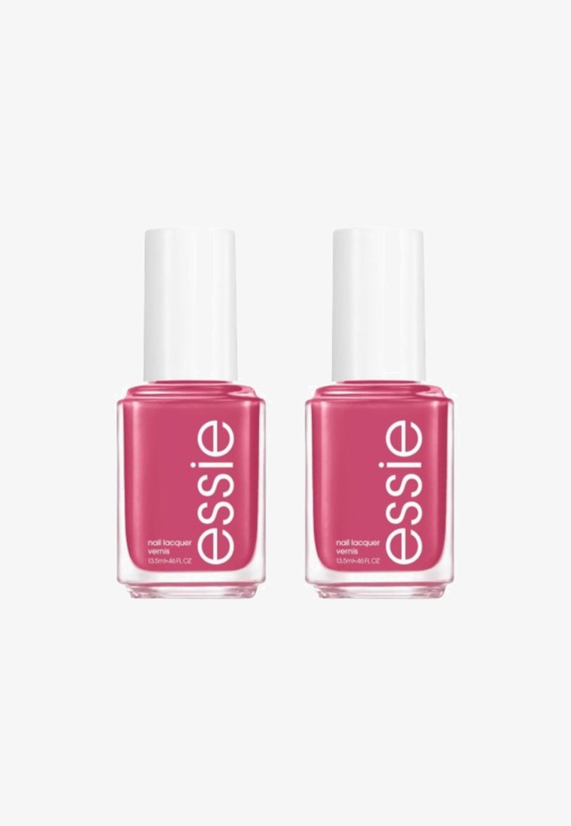 Deux flacons de vernis à ongles en verre avec des bouchons blancs. Le vernis à l'intérieur est d'une teinte rose vif. Chaque flacon contient 13,5 mL.