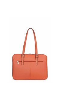 Borsa tote in morbida pelle arancione con texture liscia, doppio manico, tasca anteriore con zip e design minimalista. Ideale per trasportare gli oggetti essenziali.