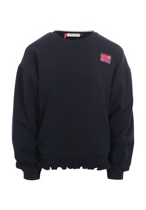 Marineblauwe sweat met lange mouwen, geplooide manchetten en zoom, met een kleine paarse patch met hartje en tekst op de bovenste linkerborst.