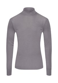 Ljusgrå turtlenecktröja i mjukt tyg, med långa ärmar och en figurnära design med ribbat krage och mudd.