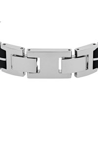 Pulsera de acero inoxidable y goma negra con segmentos rectangulares enlazados y detalles de tornillo en las partes metálicas.