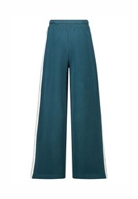 Pantaloni teal a gamba larga realizzati in tessuto morbido con vita elasticizzata, caratterizzati da pannelli laterali bianchi con dettagli traforati.