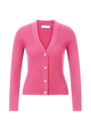 Ribbed pink cardigan with long sleeves and a V-neckline, featuring five buttons down the front, displayed against a white background.