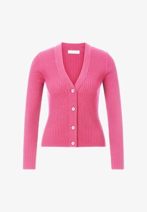 Ribbed pink cardigan with long sleeves and a V-neckline, featuring five buttons down the front, displayed against a white background.