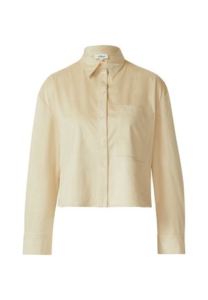 Beige cropped shirt made of soft fabric, featuring a button-up front, pointed collar, and a single chest pocket. Long sleeves with cuffs.