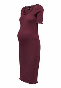 Robe de maternité ajustée en lie de vin côtelée avec manches courtes, bords festonnés et encolure dégagée ornée de dentelle.