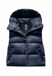 Gilet imbottito blu navy con colletto alto, texture solida, design trapuntato e due tasche laterali. Presenta un'etichetta con logo all'interno.