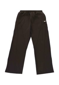 Black wide-leg pants with elastic waistband, side pockets, and stitched panel detailing.