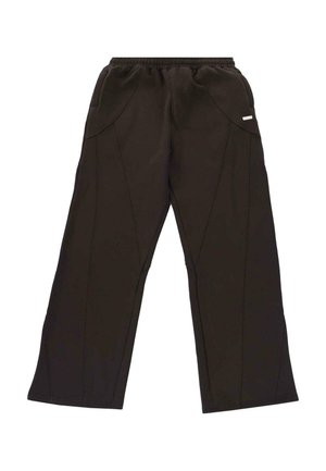 Fekete, bőszárú nadrág rugalmas derékpánttal, oldalzsebekkel és varrott betétes részletekkel.