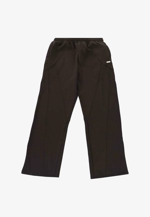 Sorte bukser med vide ben, elastisk talje, sidelommer og syninger i paneldesign.