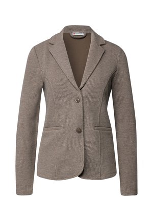 Brown, textured blazer with a notched lapel, single button closure, and two front pockets. Made from a weave fabric for a tailored fit.