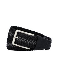 Czarny pleciony pasek z szarymi akcentami, z metalową klamrą w kolorze srebrnym i czarnym skórzanym końcem. Teksturowany wzór i regulowane dopasowanie.