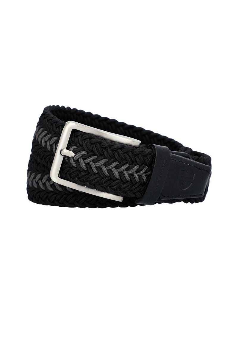 Czarny pleciony pasek z szarymi akcentami, z metalową klamrą w kolorze srebrnym i czarnym skórzanym końcem. Teksturowany wzór i regulowane dopasowanie.