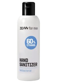 Vit plastflaska med ett svart pumpkork, märkt "ZEWW for men HAND SANITIZER," med blå detaljer och med angivandet "60% ETANOL."