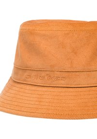 Orange corduroy bucket hat with a wide brim, featuring stitched accents and the logo "Quiksilver" embossed on the band.