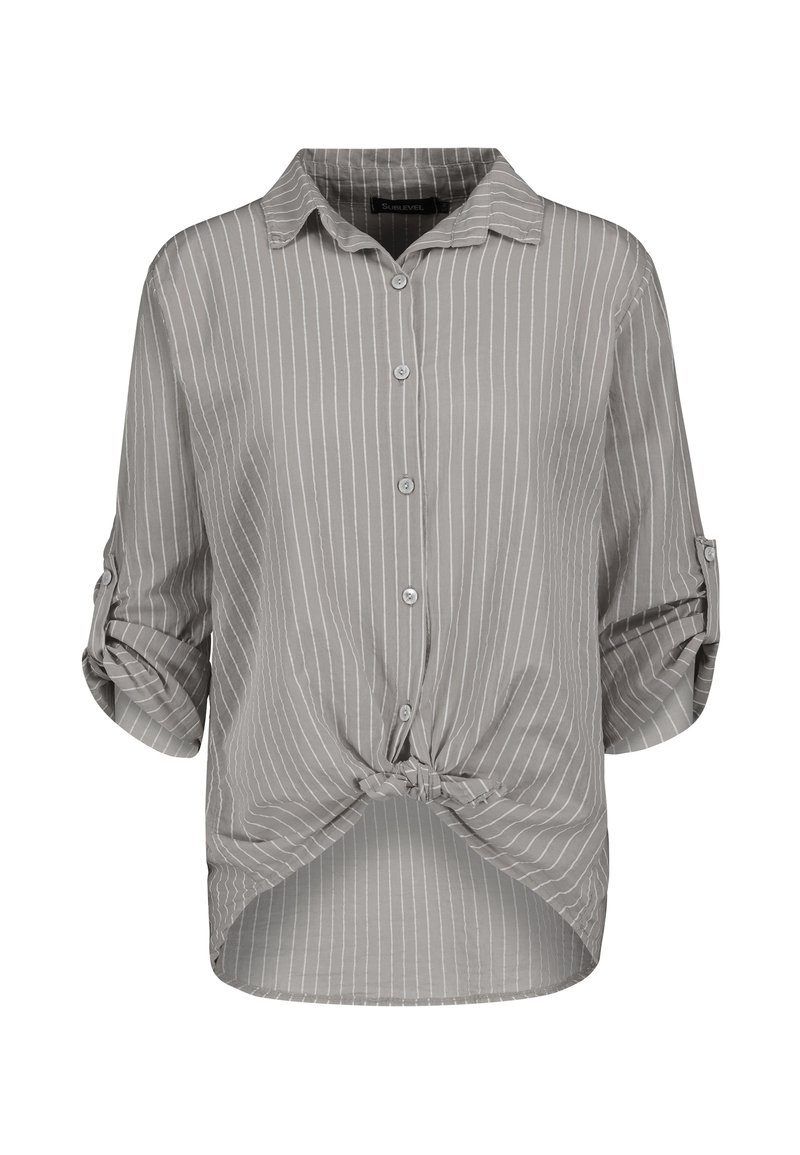 Gray striped blouse with a button-down collar, rolled-up sleeves, and a knotted front. Made of lightweight fabric with a smooth texture.