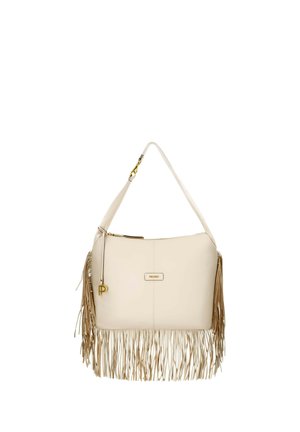 Schultertasche aus cremefarbenem Leder mit langen Fransen am Boden und an den Seiten sowie einem goldenen "P"-Anhänger nahe dem Reißverschluss.