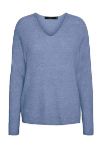 Helles blauer V-Ausschnitt-Pullover mit langen Ärmeln, aus geripptem Stoff gefertigt. Bietet eine lockere Passform und minimale Details.