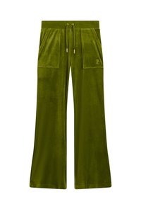 Zelene široke hlače iz žameta z vrvico v pasu, ki imajo dva velika sprednja žepa in subtilno podrobnost logotipa na levem žepu.