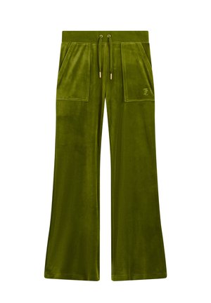 Green velvet wide-leg pants with drawstring waist, featuring two large front pockets and a subtle logo detail on the left pocket.
