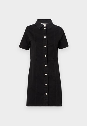 Juodas trumpomis rankovėmis medvilninis suknelė su sagų priekiu, smailiu apykakle ir šoninėmis siūlėmis struktūrai. Lygi tekstūra ir klasikinis dizainas.