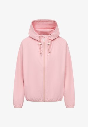 Lichtroze gewatteerd jack met capuchon, ritssluiting aan de voorkant, verstelbare trekkoorden in de capuchon, elastische boorden en zoom, weergegeven op een witte achtergrond.