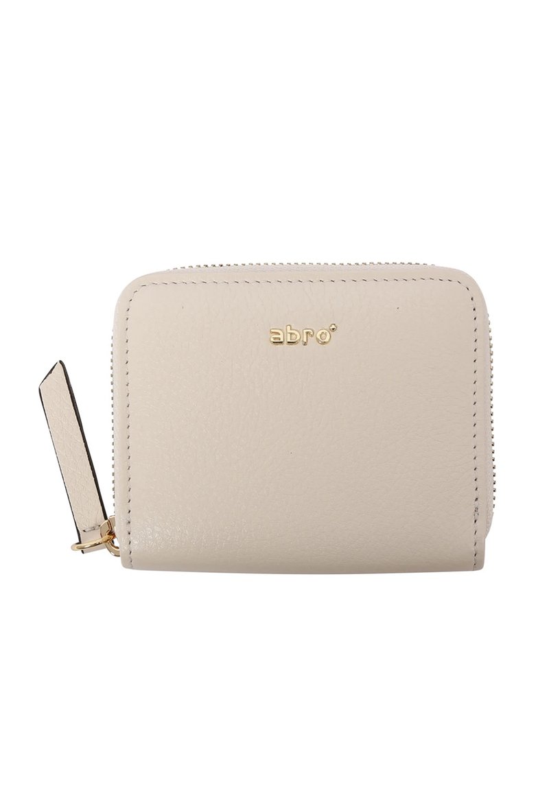 Beige leather wallet with textured finish, gold hardware, and a zip closure. Features a small flap-type detail on the side. Finely stitched edges.