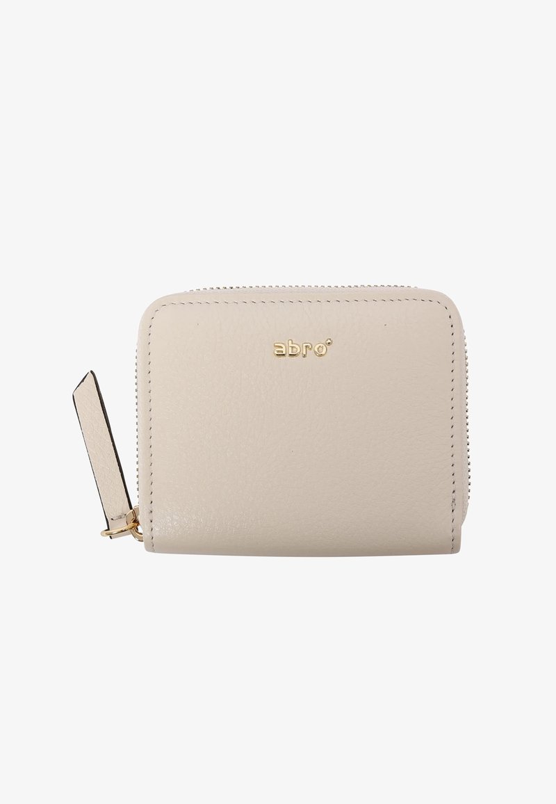 Beige leather wallet with textured finish, gold hardware, and a zip closure. Features a small flap-type detail on the side. Finely stitched edges.
