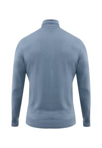 Světle modrý svetr s polo-výstřihem, žebrovanými manžetami a lemem, vyrobený z hladkého, strukturovaného materiálu. Má přiléhavý, elegantní střih.