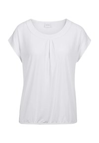 Weißes Kurzarmoberteil aus weichem Stoff, mit rundem Ausschnitt und einem Falten-Detail an der Vorderseite sowie einem elastischen Saum.