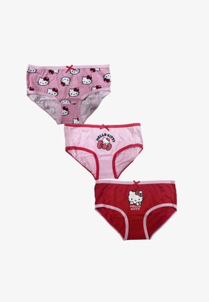 Tre mutandine per bambini in rosa e rosso, ciascuna con disegni di Hello Kitty e piccoli fiocchi decorativi.