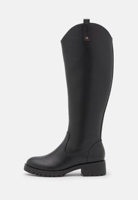 Black knee-high boot made of smooth leather with a rounded toe, block heel, and subtle stitching detail at the front and back.