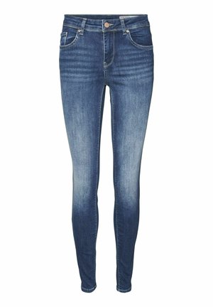 Úzké džíny ve tmavém denimu s vybledlým vzhledem, obsahující pět kapes, zipový zip a kovové zapínání na knoflík. Hladká textura s mírným protažením.