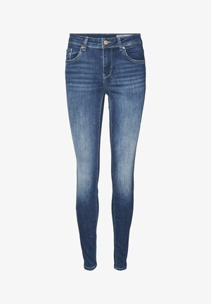 Jeans slim en denim foncé avec un délavage, dotés de cinq poches, d'un zip et d'une fermeture à bouton en métal. Texture lisse avec une légère élascticité.