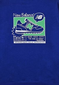 Felpa blu con una grafica di una scarpa da ginnastica con dettagli in verde e bianco, etichetta testuale e finitura testurizzata.