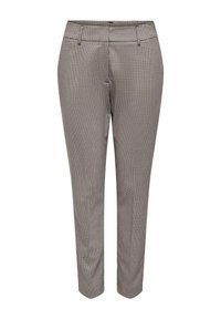 Spodnie w brązowo-czarną kratę, uszyte z gładkiego materiału, o slim fit i standardowym pasie. Brak widocznych kieszeni.