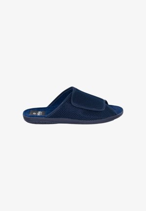 Zapatilla de malla azul marino con puntera abierta, plantilla acolchada y correa ajustable. Parte superior texturizada para transpirabilidad y ajuste cómodo.