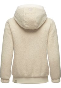 Cremfarbener Jacke aus strukturiertem, fleeceähnlichem Material mit Kapuze, gerippten Bündchen und Saum. Beinhaltet ein kleines Logo-Detail nahe dem Saum.