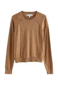 Brun strikket sweater med rund hals, raglanærmer og ribbede manchetter samt kant. Har en spraglet tekstur over det hele.