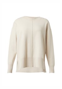 Ivory sweter z dzianiny o luźnym kroju, z prążkowanym dekoltem i mankietami. Posiada boczne rozcięcia na dole oraz pionową szew z tyłu.