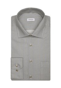 Camicia a fantasie chiare con colletto a punta, bottoni e una tasca. Il materiale ha una texture liscia con un design geometrico.