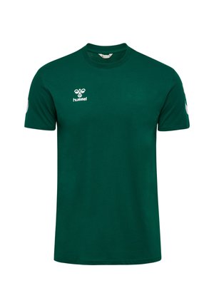 Groen katoenen T-shirt met korte mouwen, ronde hals en logo op de borst; voorzien van witte accenten op de mouwen.