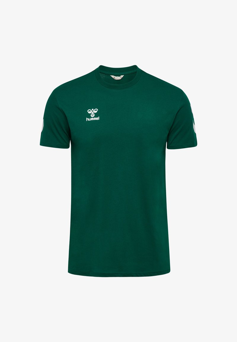 Grøn bomuld T-shirt med korte ærmer, rund halsudskæring og logo på brystet; har hvide detaljer på ærmerne.