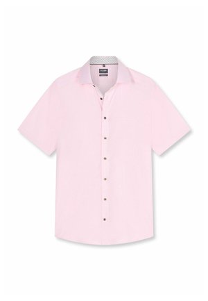 Chemise rose clair à manches courtes avec boutons sur le devant, une poche avant et un col intérieur à motifs, posée à plat sur fond blanc.