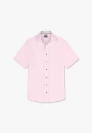 Hellrosa kurzärmliges Hemd mit Knopfleiste vorn, einer Brusttasche und gemustertem Innenkragen, flach auf weißem Hintergrund.