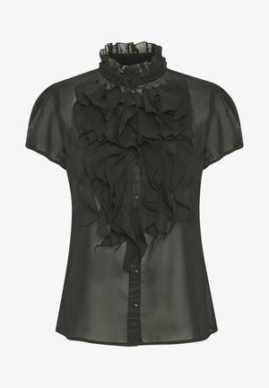 Blusa negra transparente con un frente con volantes, cuello alto con volantes, mangas cortas y cierre de botones. La tela texturizada añade profundidad al diseño.