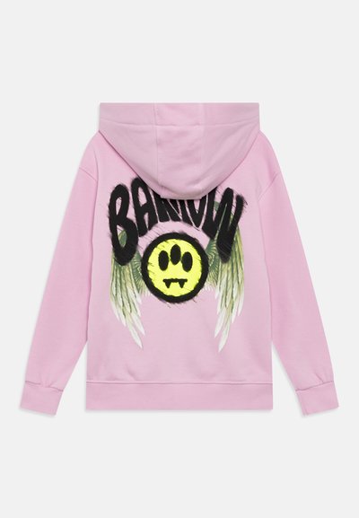 Pink hooded sweatshirt featuring large black text "BARROW" and a yellow smiley face with wings in green and white on the back.