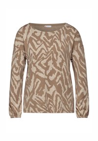 Beige Pullover mit langen Ärmeln und einem strukturierten Tierdruckmuster in einem helleren Creme. Mit einem weiten Halsausschnitt und gerafften Ärmelsäumen.