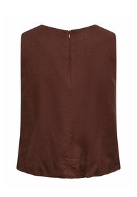 Haut marron sans manches avec une fermeture éclair au dos et un ourlet légèrement froncé, fabriqué dans un tissu texturé.