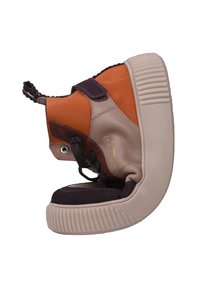 Multicolored sneaker with orange, purple, and beige panels. Features a thick rubber sole, rounded toe, and lace-up front with a toggle strap.